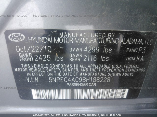 5NPEC4AC9BH188228 - 2011 HYUNDAI SONATA SE/LIMITED GRAY photo 9