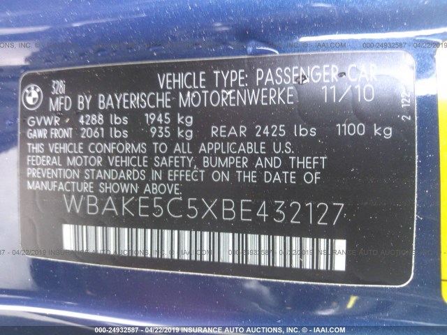 WBAKE5C5XBE432127 - 2011 BMW 328 I SULEV BLUE photo 9