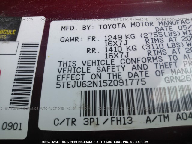 5TEJU62N15Z091775 - 2005 TOYOTA TACOMA DOUBLE CAB PRERUNNER MAROON photo 9