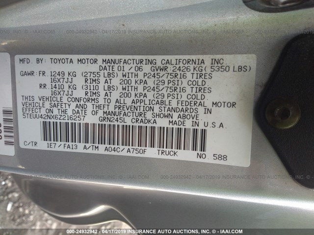 5TEUU42NX6Z216257 - 2006 TOYOTA TACOMA ACCESS CAB ვერცხლისფერი ფოტო 9