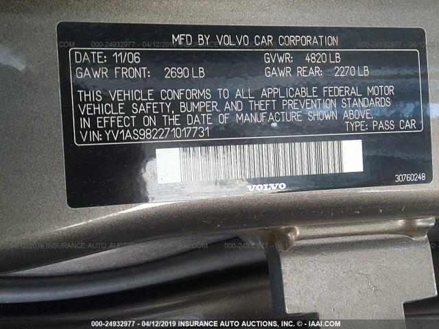 YV1AS982271017731 - 2007 VOLVO S80 3.2 GOLD photo 9