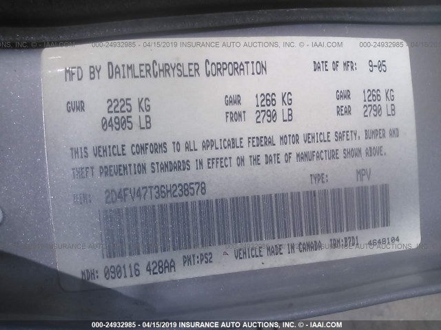 2D4FV47T36H238578 - 2006 DODGE MAGNUM SE SILVER photo 9