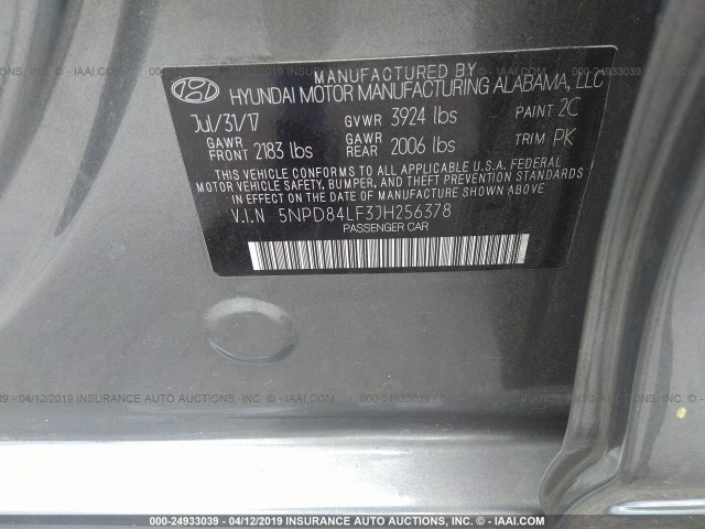 5NPD84LF3JH256378 - 2018 HYUNDAI ELANTRA SEL/VALUE/LIMITED GRAY photo 9