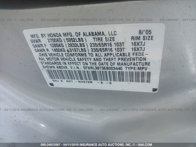 5FNRL38736B003440 - 2006 HONDA ODYSSEY EXL SILVER photo 9