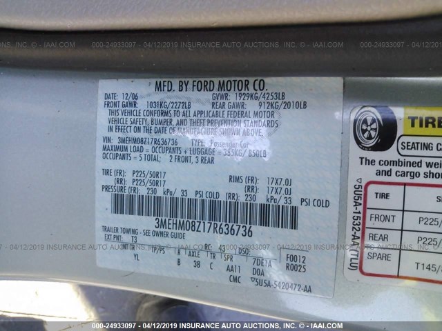 3MEHM08Z17R636736 - 2007 MERCURY MILAN PREMIER GRAY photo 9