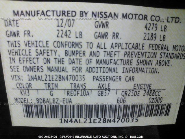 1N4AL21E28N470035 - 2008 NISSAN ALTIMA 2.5/2.5S BLACK photo 9