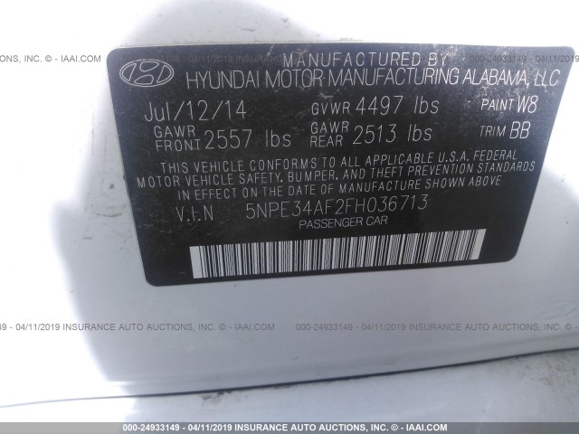 5NPE34AF2FH036713 - 2015 HYUNDAI SONATA SPORT/LIMITED WHITE photo 9