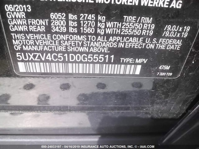 5UXZV4C51D0G55511 - 2013 BMW X5 XDRIVE35I Qara foto 9