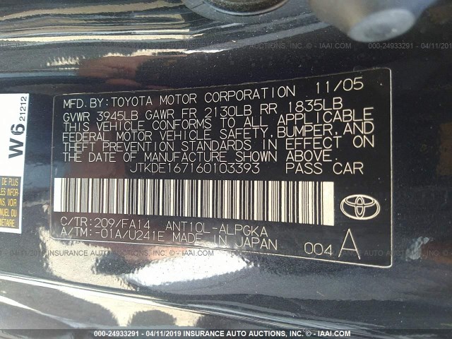 JTKDE167160103393 - 2006 TOYOTA SCION TC BLACK photo 9