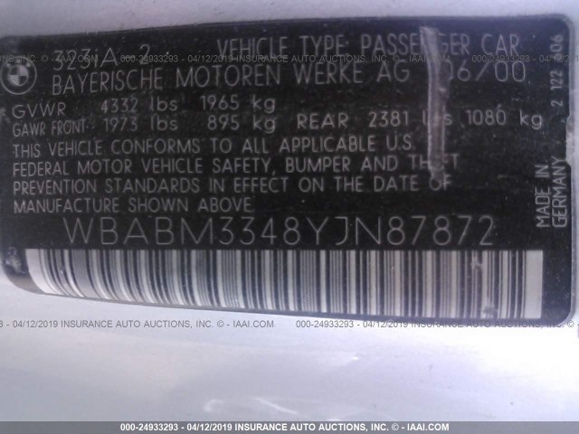 WBABM3348YJN87872 - 2000 BMW 323 CI SILVER photo 9