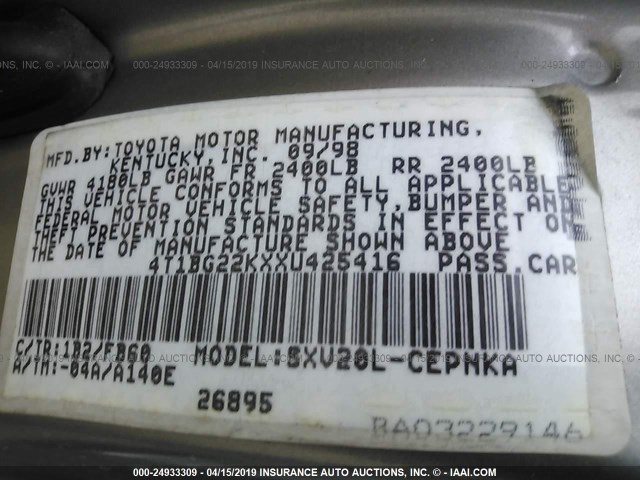 4T1BG22KXXU425416 - 1999 TOYOTA CAMRY CE/LE/XLE SILVER photo 9