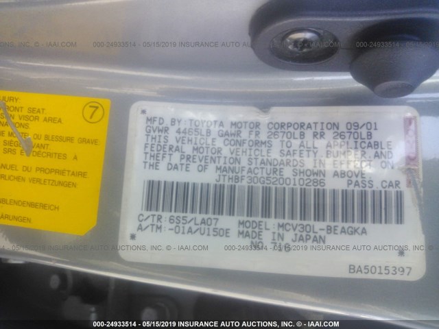 JTHBF30G520010286 - 2002 LEXUS ES 300 GRAY photo 9