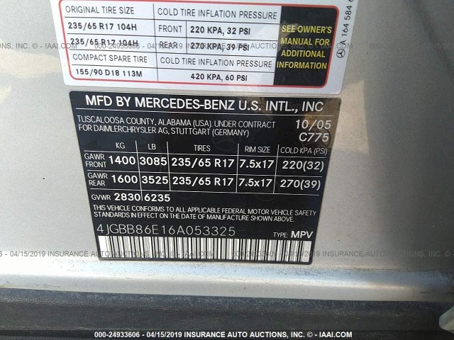 4JGBB86E16A053325 - 2006 MERCEDES-BENZ ML 350 SILVER photo 9