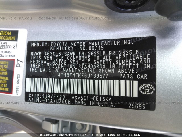 4T1BF1FK7GU139577 - 2016 TOYOTA CAMRY LE/XLE/SE/XSE SILVER photo 9