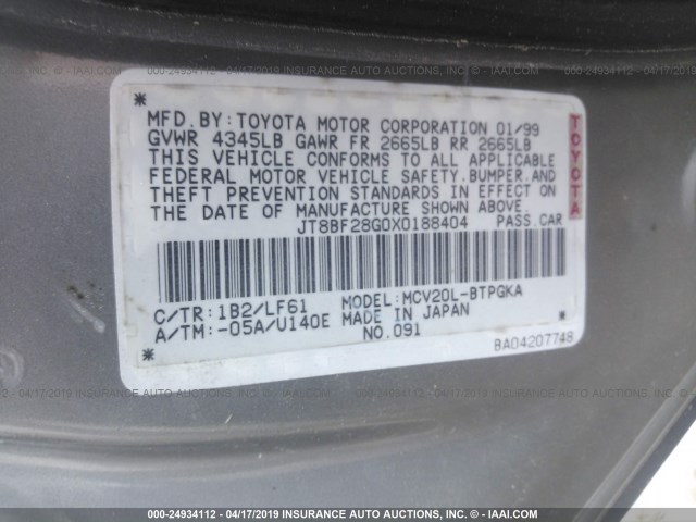 JT8BF28G0X0188404 - 1999 LEXUS ES 300 GRAY photo 9