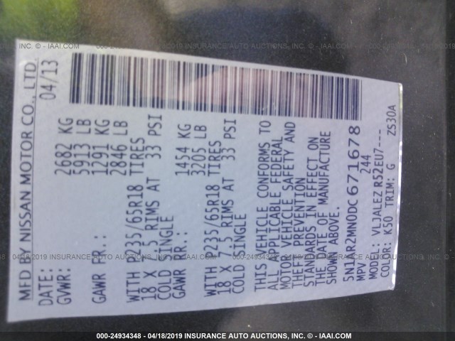 5N1AR2MN0DC671678 - 2013 NISSAN PATHFINDER S/SV/SL/PLATINUM GRAY photo 9