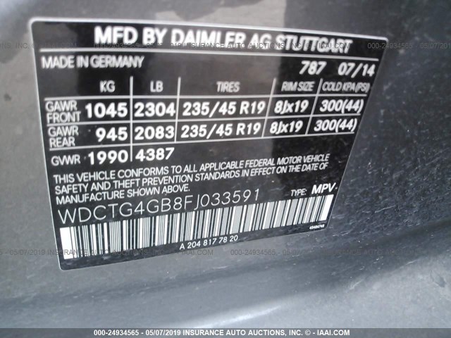 WDCTG4GB8FJ033591 - 2015 MERCEDES-BENZ GLA 250 4MATIC GRAY photo 9