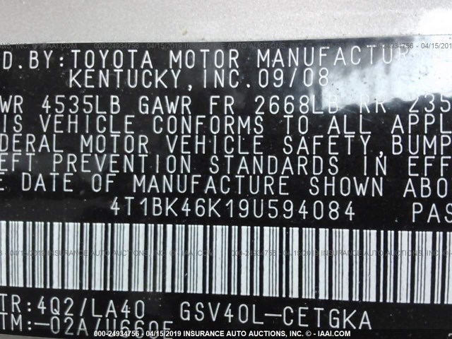 4T1BK46K19U594084 - 2009 TOYOTA CAMRY SE/LE/XLE TAN photo 9