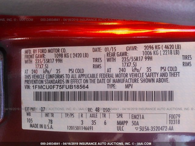 1FMCU0F75FUB18564 - 2015 FORD ESCAPE S RED photo 9