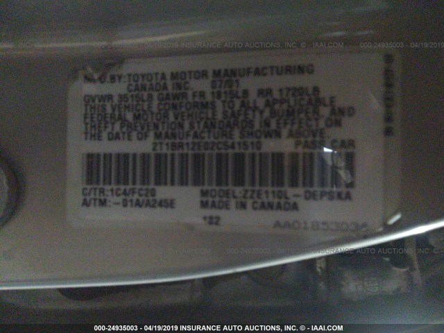 2T1BR12E02C541510 - 2002 TOYOTA COROLLA CE/LE/S SILVER photo 9