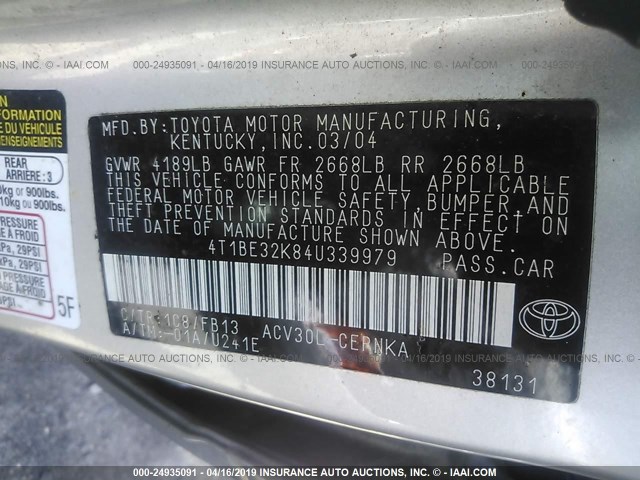 4T1BE32K84U339979 - 2004 TOYOTA CAMRY LE/XLE/SE SILVER photo 9