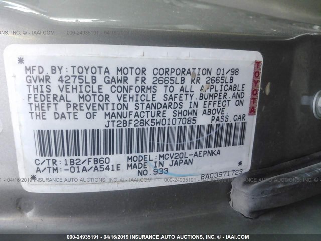 JT2BF28K5W0107085 - 1998 TOYOTA CAMRY LE/XLE GRAY photo 9