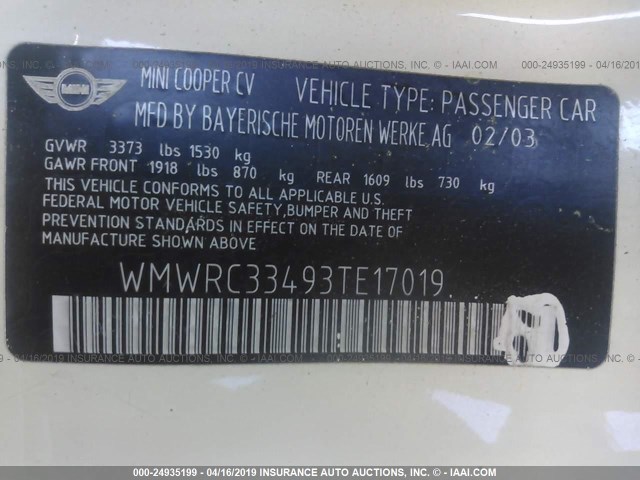 WMWRC33493TE17019 - 2003 MINI COOPER CREAM photo 9