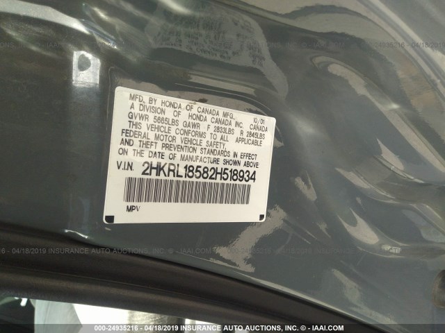 2HKRL18582H518934 - 2002 HONDA ODYSSEY LX GRAY photo 9