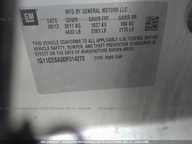 1G11C5SA0DF314273 - 2013 CHEVROLET MALIBU 1LT 银色 照片 9