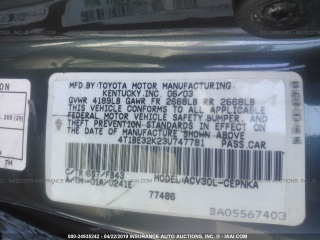 4T1BE32K23U747781 - 2003 TOYOTA CAMRY LE/XLE/SE GREEN photo 9