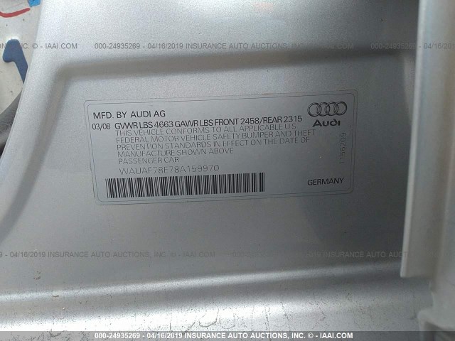 WAUAF78E78A159970 - 2008 AUDI A4 2.0T SILVER photo 9
