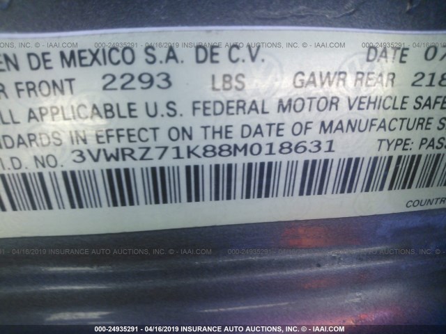 3VWRZ71K88M018631 - 2008 VOLKSWAGEN JETTA SE/SEL GRAY photo 9