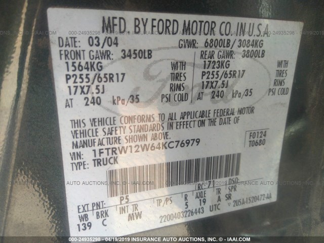 1FTRW12W64KC76979 - 2004 FORD F150 SUPERCREW GREEN photo 9