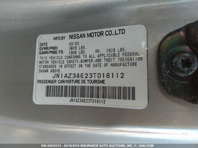 JN1AZ34E23T016112 - 2003 NISSAN 350Z COUPE SILVER photo 9