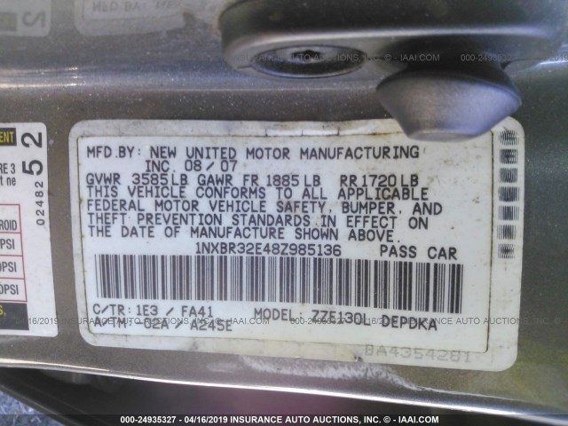 1NXBR32E48Z985136 - 2008 TOYOTA COROLLA CE/LE/S GRAY photo 9