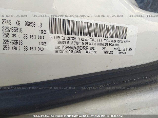 2D8HN54P48R830797 - 2008 DODGE GRAND CARAVAN SXT WHITE photo 9