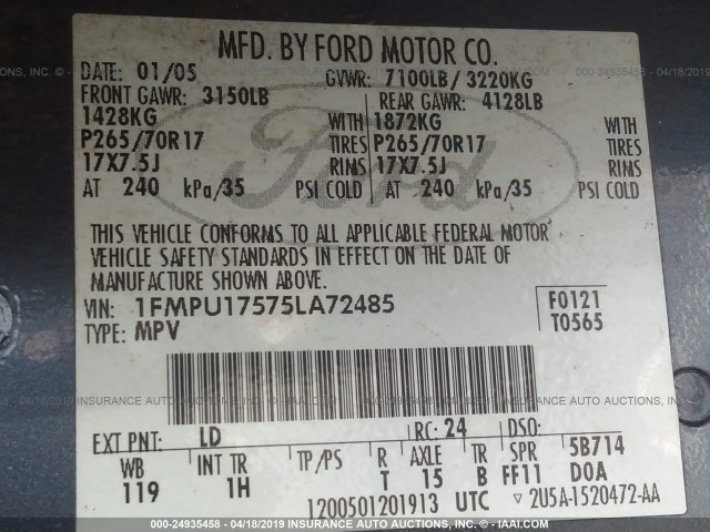 1FMPU17575LA72485 - 2005 FORD EXPEDITION EDDIE BAUER BLUE photo 9