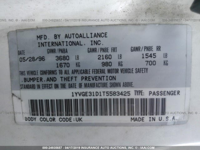 1YVGE31D1T5583425 - 1996 MAZDA MX-6 LS WHITE photo 9