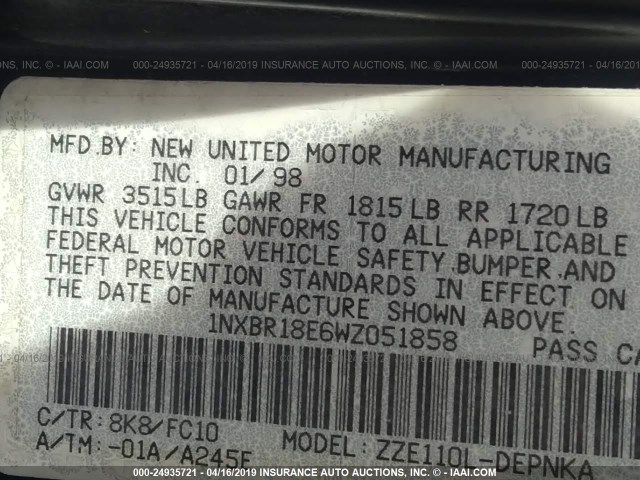 1NXBR18E6WZ051858 - 1998 TOYOTA COROLLA VE/CE/LE 深蓝色 照片 9