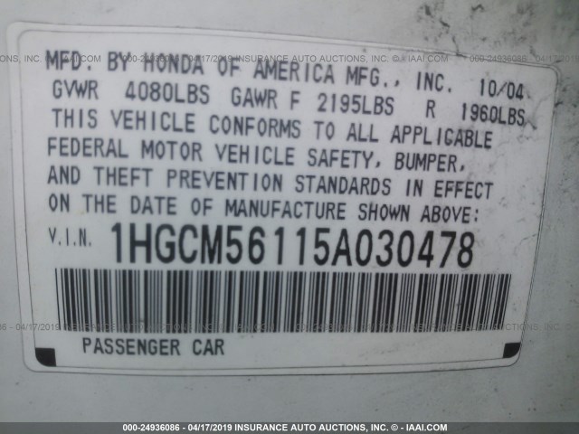 1HGCM56115A030478 - 2005 HONDA ACCORD DX WHITE photo 9