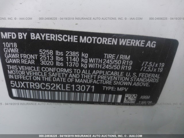 5UXTR9C52KLE13071 - 2019 BMW X3 XDRIVE30I Սպիտակ լուսանկար 9