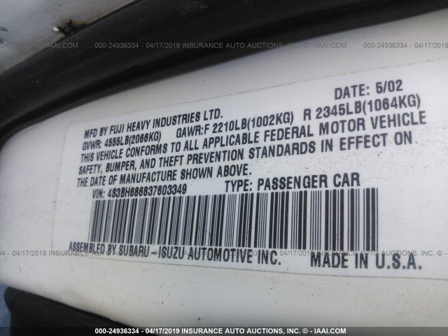 4S3BH686837603349 - 2003 SUBARU LEGACY OUTBACK LIMITED WHITE photo 9