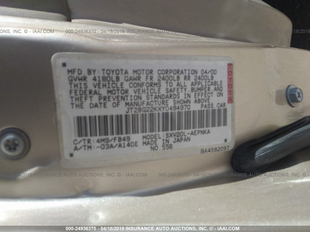 JT2BG22KXY0494970 - 2000 TOYOTA CAMRY CE/LE/XLE GOLD photo 9