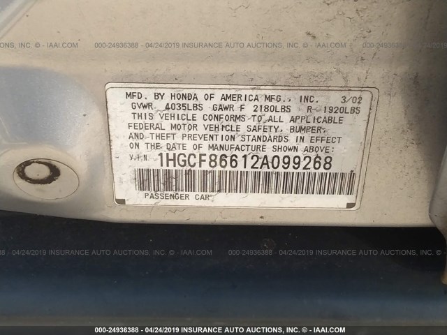 1HGCF86612A099268 - 2002 HONDA ACCORD VALUE SILVER photo 9