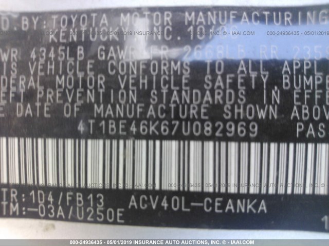 4T1BE46K67U082969 - 2007 TOYOTA CAMRY CE/LE/XLE/SE SILVER photo 9