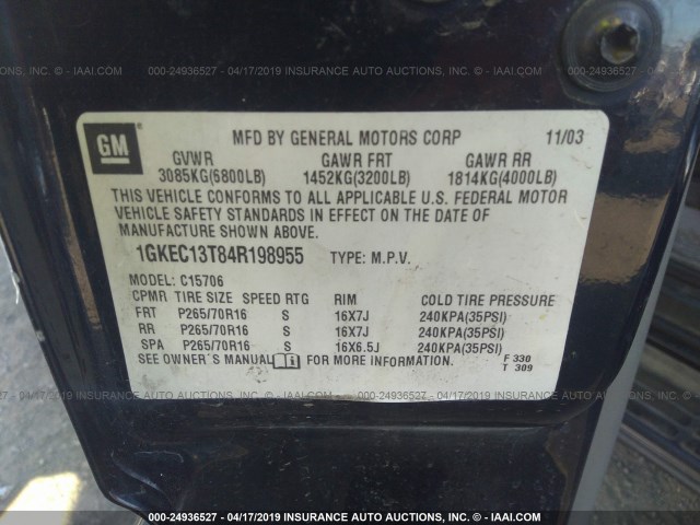 1GKEC13T84R198955 - 2004 GMC YUKON BLACK photo 9