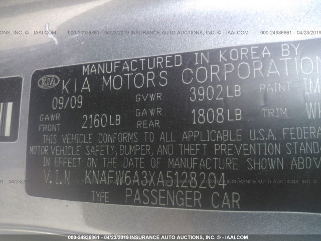 KNAFW6A3XA5128204 - 2010 KIA FORTE SX GRAY photo 9