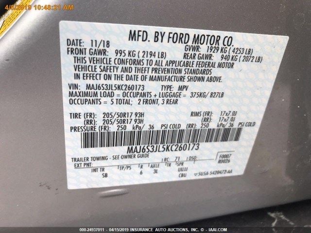 MAJ6S3JL5KC260173 - 2019 FORD ECOSPORT SES SILVER photo 15