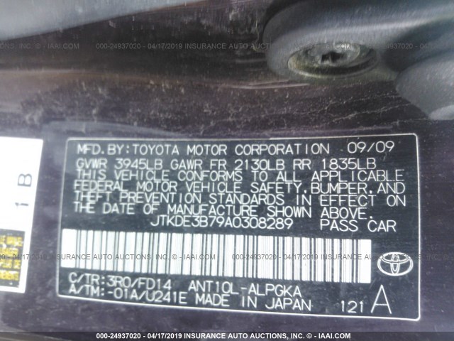 JTKDE3B79A0308289 - 2010 TOYOTA SCION TC იასამნისფერი ფოტო 9