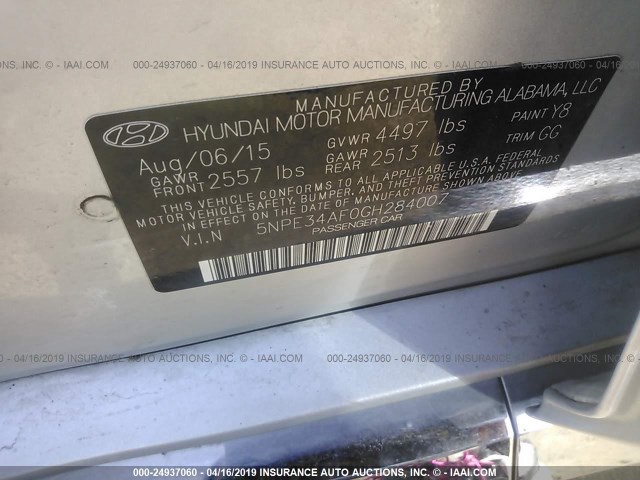 5NPE34AF0GH284007 - 2016 HYUNDAI SONATA SPORT/LIMITED SILVER photo 9